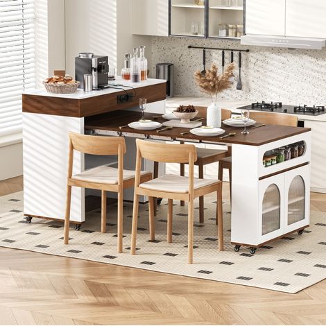 Tavolo da cucina estensibile con ruote, prese, cassetto, bianco e noce DESVIAE (1/5)