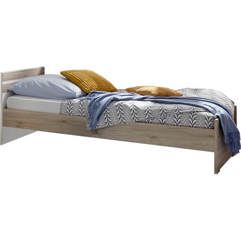 Lit pour enfant coloris Imitation chêne San Remo, rechampis blanc - Longueur 204 x Hauteur 71 x largeur 96 cm -PEGANE- (1/2)