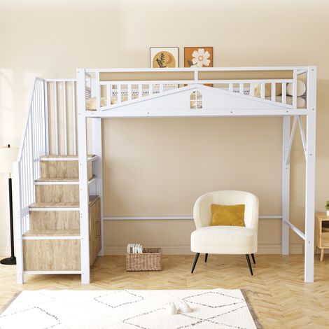 Letto a soppalco MEUBLIV 90x200 cm bianco, scala con contenitore, senza materasso (1/5)