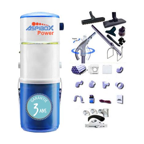 Aspirateur central hybride ASPIBOX Power GARANTIE 3 ANS (jusqu’à 500 m²) + trousse inter 9 M + 8 accessoires + kit 5 prises + kit prise balai + kit prise garage + Kit flexible garage 8m et 5 accessoir (1/5)