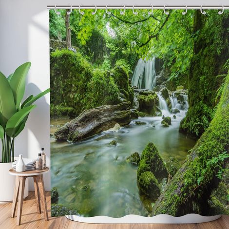 Rideau de Douche Forêt Tropicale 120x200, Jungle Pluviale Arbre Vert Plante Nature Paysage Cascade Scénario Baignoire Etanche Tissu Polyester Lavable avec Crochets (1/5)