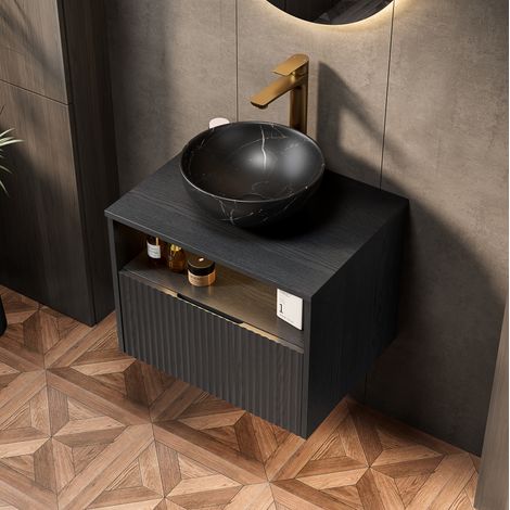 60cm schwebendes Badezimmerwaschbecken mit schwarzem Schüssel aus Keramik mit Steinmuster, gestreifter Sperrholzschrank mit Schublade und Regal, Sensorleuchte, vormontiert, schwarze Farbe (1/5)