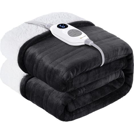 Couverture chauffante avec arrêt automatique, couverture chauffante avec 6 niveaux de chaleur et minuterie de 10 heures, couverture électrique pour chambre à coucher, salon, bureau, gris