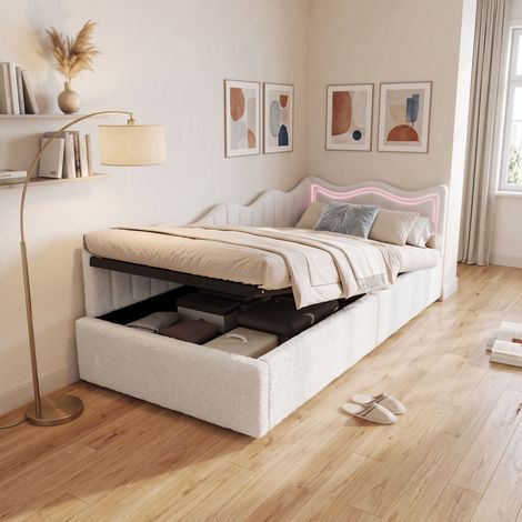 Superaly - Lit simple capitonné 90x200cm - Canapé-lit convertible - Coffre de rangement hydraulique - Lit enfant avec éclairage LED - Sommier à lattes - Petite taille - Polaire effet peluche - Blanc (1/5)