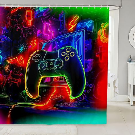 Rideau Douche 180x210cm Jeu Rideaux de Douche Consoles de Jeu Lumières Néon Fluorescentes Vives Rideau de Baignoire Gamer Rideaux Salle de Bain Aquarelle Vintage - 180L X 210H cm (1 Panneaux) (1/5)