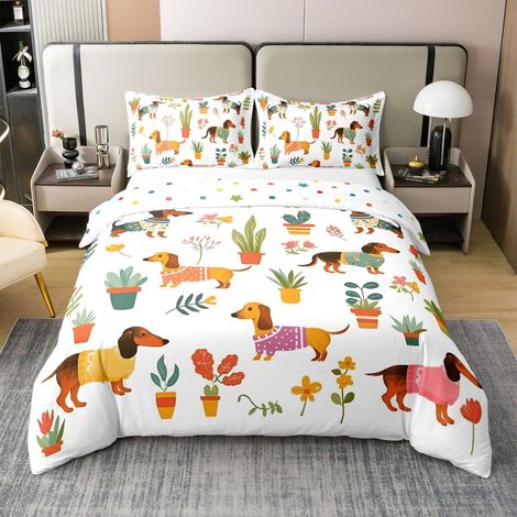 Parure de lit 100 % coton - 135 x 200 cm - Motif chien de saucisse - Pour enfants, garçons et filles - Housse de couette motif floral, cadeau pour les amoureux des chiens (1/5)