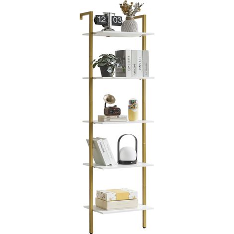 Étagère Échelle, Bibliothèque 5 Niveaux, Meuble de Rangement pour Livres, Décorations, Étagère Murale Flottante Industrielle pour Salon, Cuisine, Bureau, 40 x 30 x 178CM Blanc
