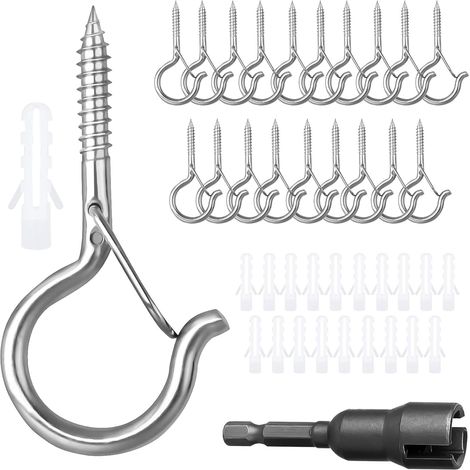 20 Crochet à Visser, Inox, Boucle de Sécurité, Argenté, Intérieur Extérieur (1/5)