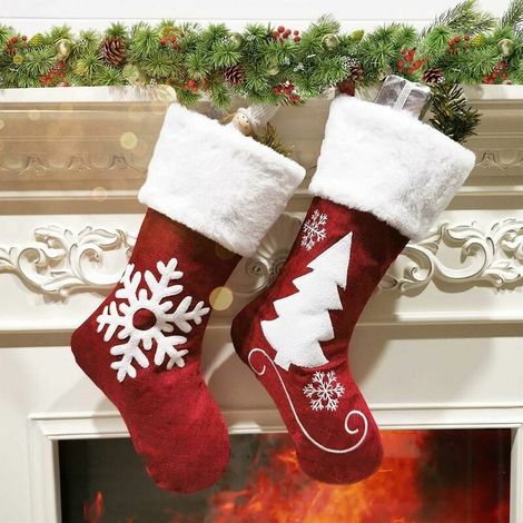 Weihnachtsstrümpfe, 2 Stück 18 Zoll Weihnachtsstrümpfe, Sackleinen mit großen Plüsch-Manschettenstrümpfen, für Familienweihnachtsfeier-Dekorationen