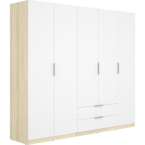 Armoire 5 portes 2 tiroirs - L228cm - Blanc et naturel clair - KALONY (1/3)