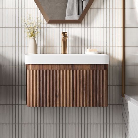 Signature Lucille Wall Hung 1-Drawer Vanity Unit with Basin 500mm Wide - Textured Walnut