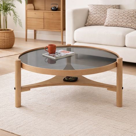 Table basse ronde 100x100x46 cm en verre fumé gris et bois naturel (1/5)