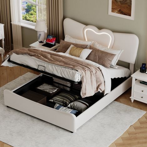Polsterbett mit Stauraum 160x200cm , Lattenrost, Doppelbett mit USB-Ladeanschluss, hydraulischer Lift, LED-beleuchtetes herzförmiges Kopfteil, Samt, modernes Design, Beige (1/5)