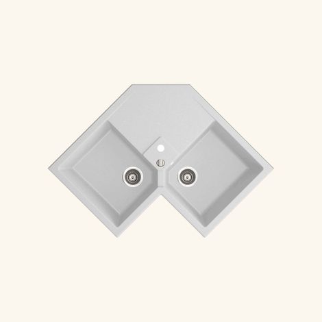 Kümbad – Évier d'angle en granit blanc 83x83 cm – 2 bacs avec vidage automatique – Équipement inclus : bonde, siphon, tuyaux d'évacuation