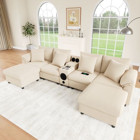 CHICFURN Sofá modular en U y L 315,5 x 144 x 84,5 cm de tela beige acanalada con almacenaje (1/5)