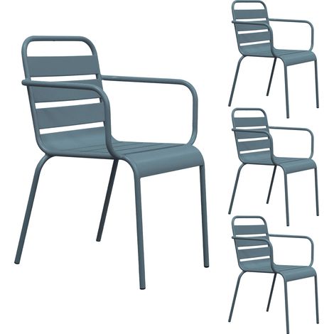 Lot de 4 chaises de jardin en métal bleu gris avec accoudoirs - BACA