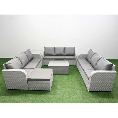 Fimous PE Rattan Lounge Sofa Set 10 Seater Outdoor Garden Furniture Set with Rectangular Coffee Table 3 Seater Sofa Big Footstool Side Table Light Grey (1/5)