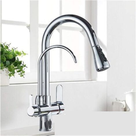 Robinet 3 Voies avec Douchette Extractible & Sortie Eau Filtrée, Robinet de Cuisine à Double Poignée Acier Inoxydable, Rotation à 360 °Eau Chaude et Froide (1/4)