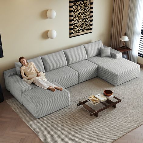Canapé angle modulaire sans structure 340 cm méridienne L, moderne assise profonde sans montage compressé, salon chambre appartement, coloris gris (1/5)