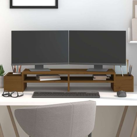 Support de moniteur en pin massif marron miel avec rangement 100 x 27,5 x 15 cm - PANGIVO (1/5)