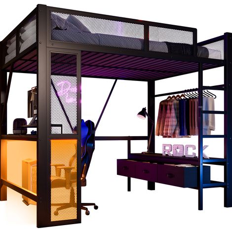 Lit mezzanine métal 140 x 200 cm avec bureau, LED USB, armoire ouverte et 3 tiroirs de rangement, noir, gain de place pour petite chambre - CHICFURN (1/5)