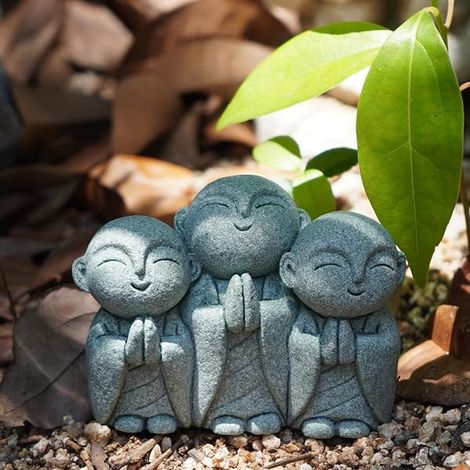 Lot de 3 statues Jizo japonaises en pierre - Bouddha japonais - Statue de moine Jizo - Figurine commémorative - Décoration d'aquarium - Décoration de jardin ou d'extérieur - 7,6 cm - Sourire