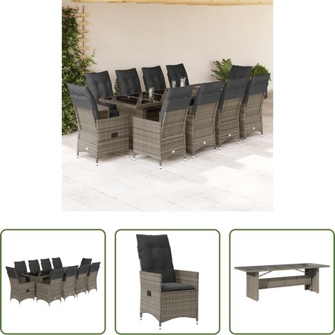 vidaXL Relaxsessel - 11-tlg. Garten-Bistro-Set mit Kissen Grau Poly Rattan (1/5)