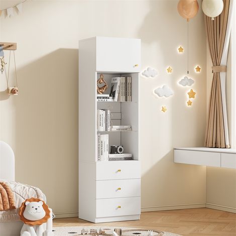 Vitrine Colonne de Rangement - 50x40x180cm - Bibliothèque avec Étagères en Verre Ajustables et 3 Tiroirs - Blanc (1/5)