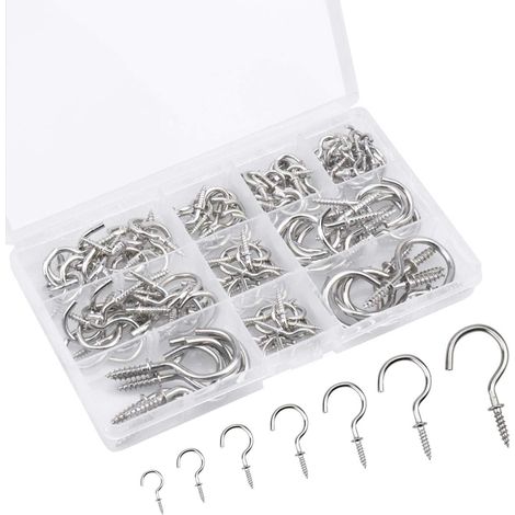 120 Pièces Crochets à Visser, Taille Mixte Plafond Vis Crochet Métal Nickelé, Crochets Cintres à Vis pour Tasses Plante Muraux Usage D'intérieur et de Plein Air, 7 Tailles (Argent) (1/5)