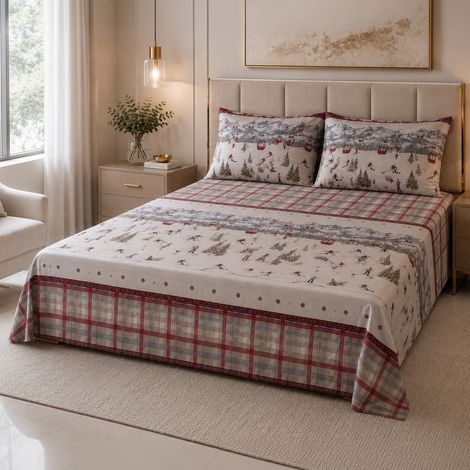 Completo Lenzuola Tirolese Rush 100% Cotone Made in Italy con Sciatori, Cabinovie e Montagne Una Piazza