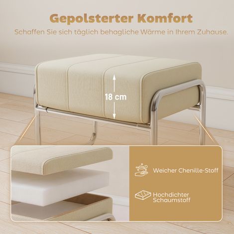 Tabouret rembourré épais en tissu chenille beige, repose-pieds avec pieds métalliques pour chambre à coucher (1/4)