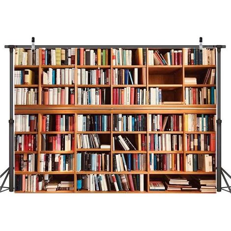 Banner de tela con fondo fotográfico de 2,1 x 1,5 m con temática de estantería de biblioteca. (1/4)
