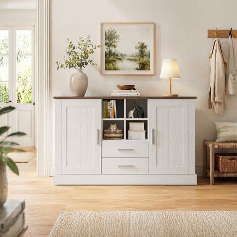Credenza 140 x 40 x 79,5 cm, 2 ante, 2 cassetti, effetto legno bianco e marrone HAVRYA (1/5)