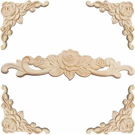 Moulure Decorative Bois 5 Pièces Sculpture Bois Moulure Décorative Bois Applique Moulure Rosace Decorative Floral Bois Sculpte Decal Sculpté d'angle Decoratif pour Décoration Meuble (1/5)