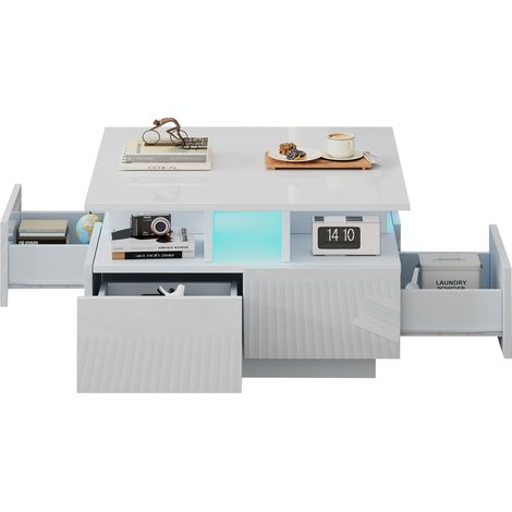 Table basse 70 x 70 x 40 cm haute brillance avec LED, 4 tiroirs, design géométrique, capacité 30 kg,Blanc