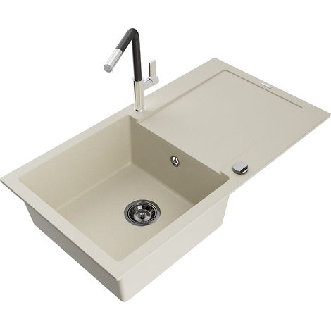Mexen Leo fregadero de granito de 1 cuenca con escurridor y grifo de cocina Flora, beige - 6501-69-670401-07-B (1/5)