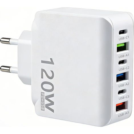 120W Multi-Port USB-C and USB-A Wall Charger  PD20W Fast Charging Power Adapter for iPhone 16 15 14 Pro Max Samsung S22 S21 S20 Tablets, Mobile Phones, and Laptops (1/5)