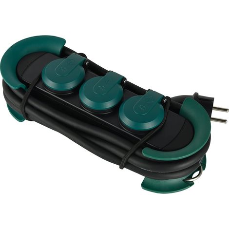 Electraline 62573 Multipresa Professionale da Lavoro per Outdoor, 3 prese Schuko con tappo IP44, appendibile con 2 ganci, Cavo in gomma 3M H07RN-F 3G1,5, Nero/Verde (1/5)