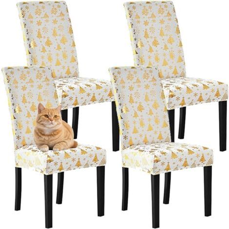 Sollbry Housse de Chaise de Noël Housse de Chaise de Salle à Manger Extensible Con Sapin de Noël Doré Universel Lavable Couverture de Chaise pour Décoration de Noël Festival (Lot de 4,Blanc 2)