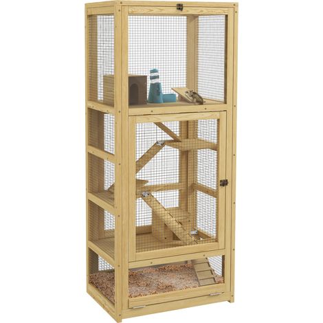 Holzkäfig für Hamster oder Kleintiere, 5 Ebenen mit Leiter, Höhle und Schaukel, 54 x 38 x 131 cm, natur