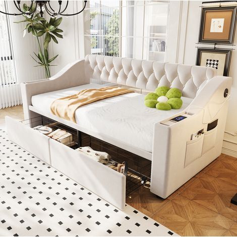 MEUBLIV Bettgestell 90x190 cm Beige – Stauraum mit USB-Anschluss, ohne Matratze (1/5)