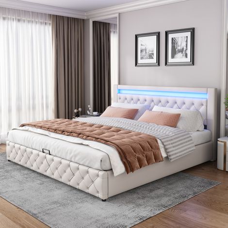 CHICFURN Lit coffre tapissé blanc avec éclairage LED et sommier à lattes 180 x 200 cm (1/5)
