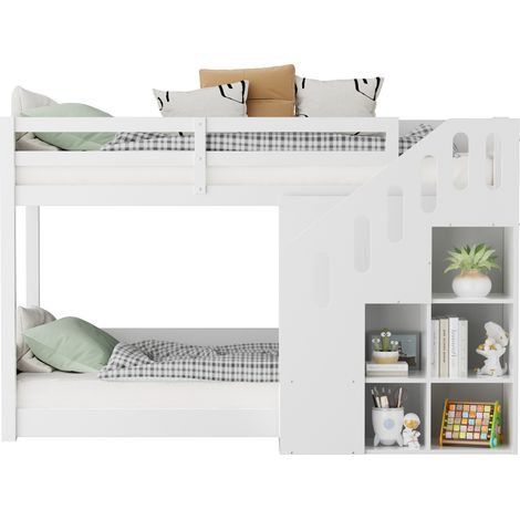 Lit superposé enfant en bois massif blanc 90x200 cm avec escalier de rangement, barrières de sécurité, sommier inclus (1/5)