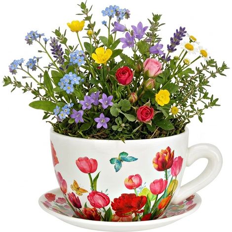 Vase ou pot de fleurs en forme de tasse floral artistique 28 x 34 cm