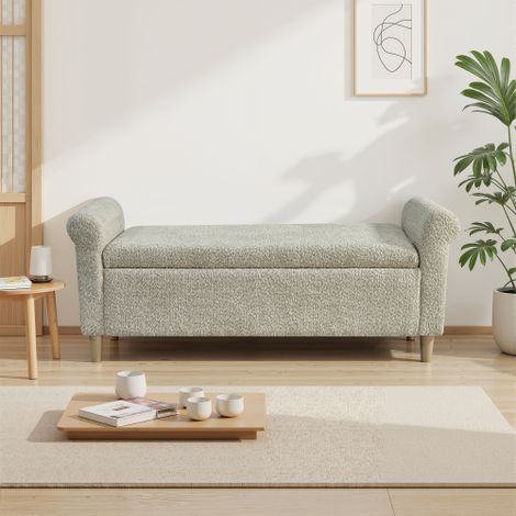 Pouf de rangement compact avec couvercle relevable en tissu et pieds en bois camel (1/5)