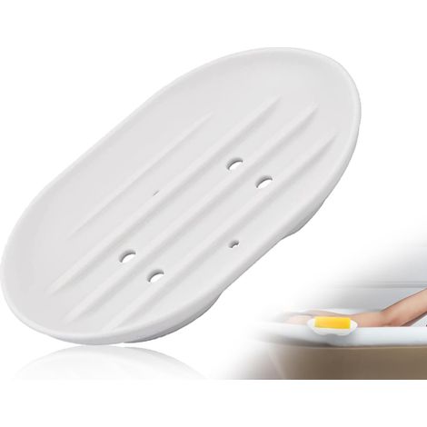 Porte-Savon Ovale en Silicone Blanc, Antidérapant et Robuste avec Drain pour Salle de Bain, Douche, Comptoir de Cuisine