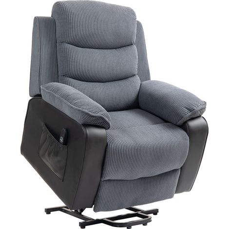 HOMCOM sillón relax reclinable eléctrico levanta personas, con puerto USB, control remoto, reposapiés, tapizado en pana, bolsillos laterales, gris