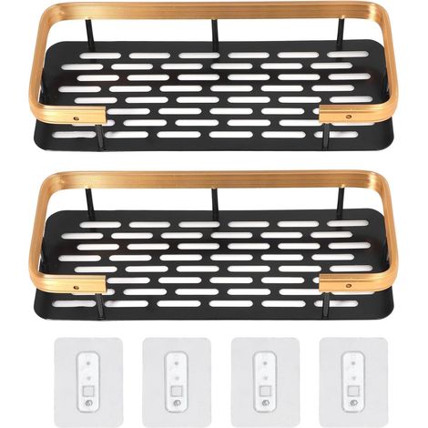 Étagère de douche double couche rectangulaire, gain de place, en aluminium, sans perçage, accessoire de salle de bain pour la maison, noir et or. (1/5)