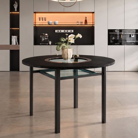 Table de salle à manger ronde moderne et minimaliste, 100 cm de diamètre, plateau en bois noir veiné, convenant à 2-4 personnes (avec insert en verre gris et cadre de stabilité en métal). (1/5)