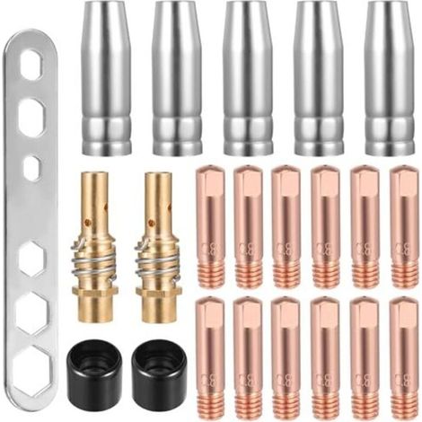 Kit de 22 consommables pour poste à souder MIG/MAG, comprenant : 12 pointes de contact M6 de 0,8 mm, 5 buses de soudage, 2 porte-buses, 2 isolateurs et 1 clé pour torche de soudage MI